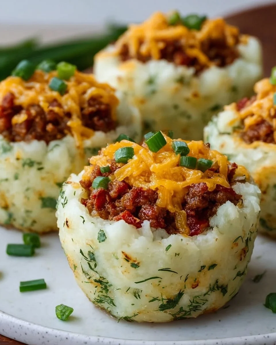 Plate of stuffed mashed potato nests filled with savory ingredients