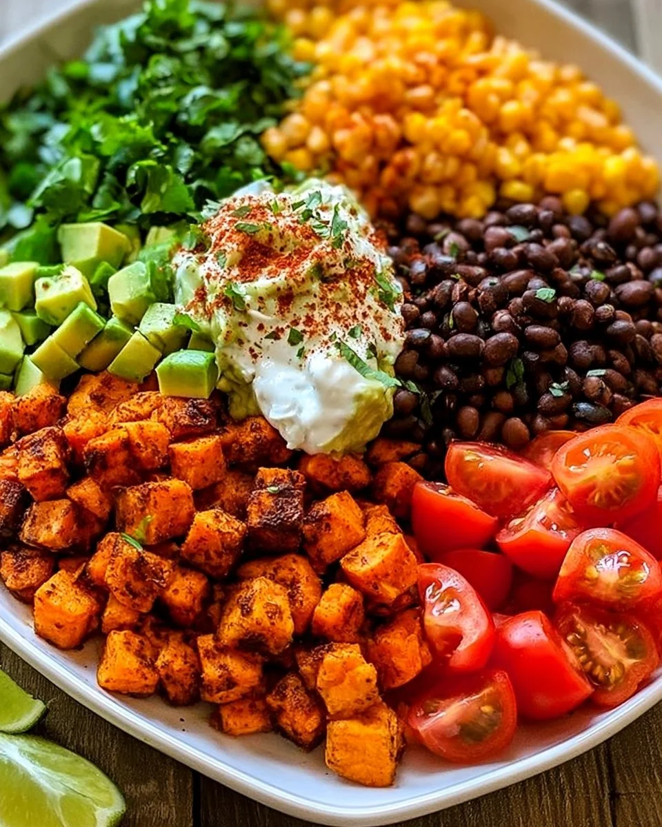 Sweet Potato Taco Bowl topped with fresh ingredients in a vibrant dish