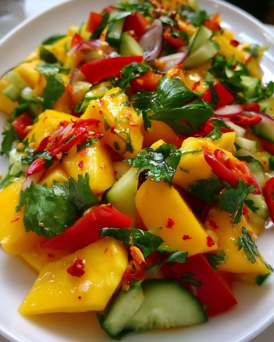 Delicious Sweet & Spicy Thai Mango Salad with fresh ingredients