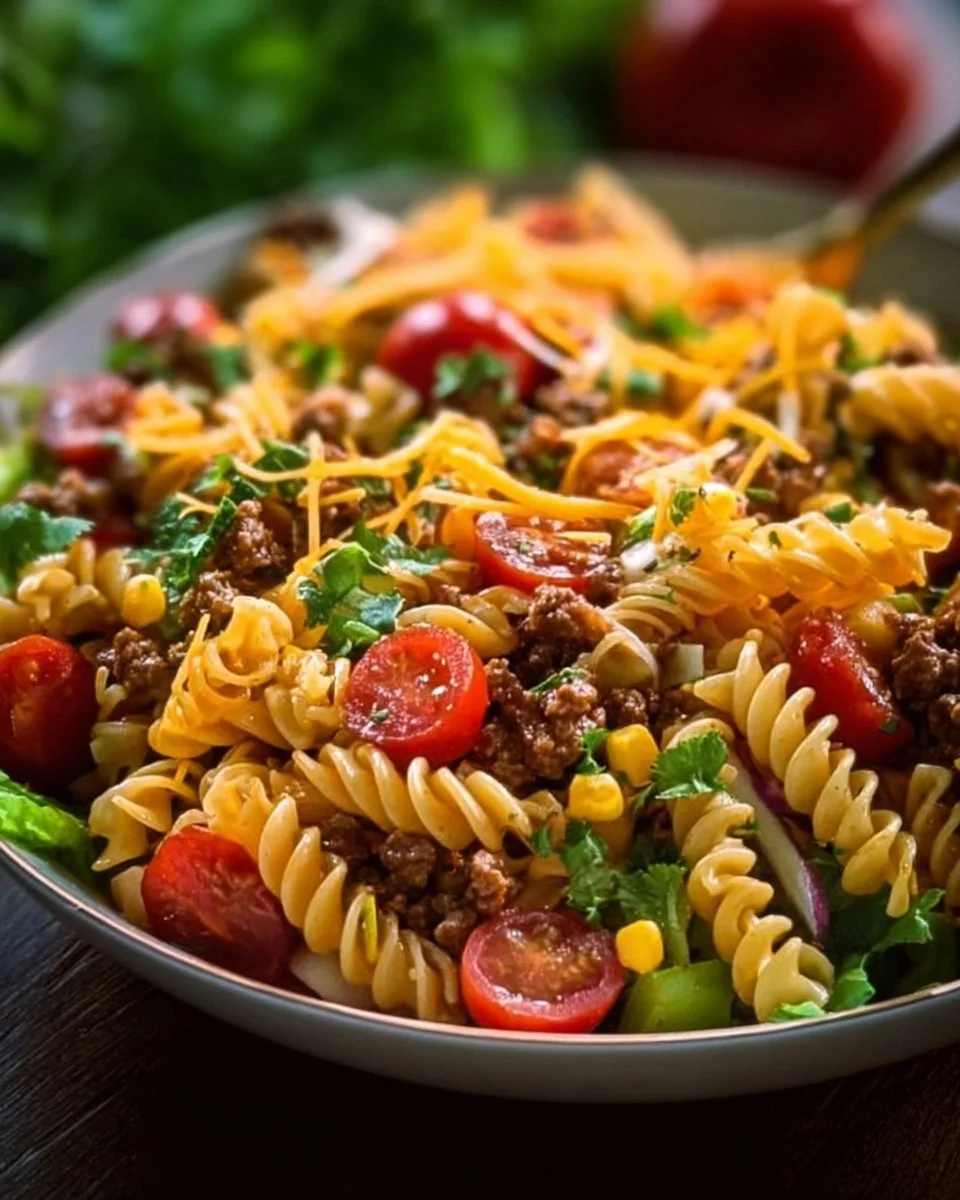 Delicious Taco Pasta Salad with vibrant toppings and fresh ingredients