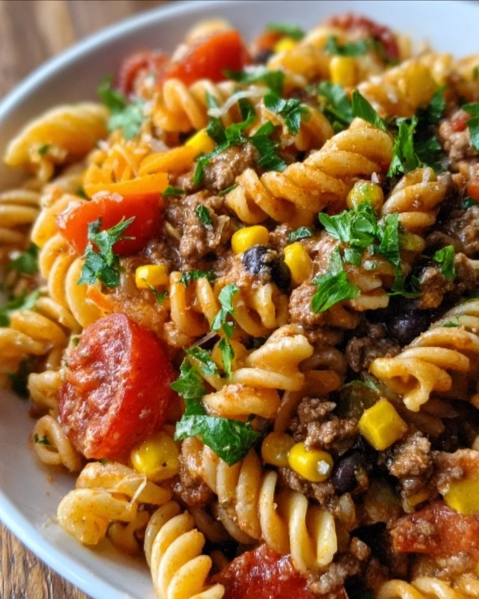 Colorful Taco Pasta Salad with fresh ingredients and toppings