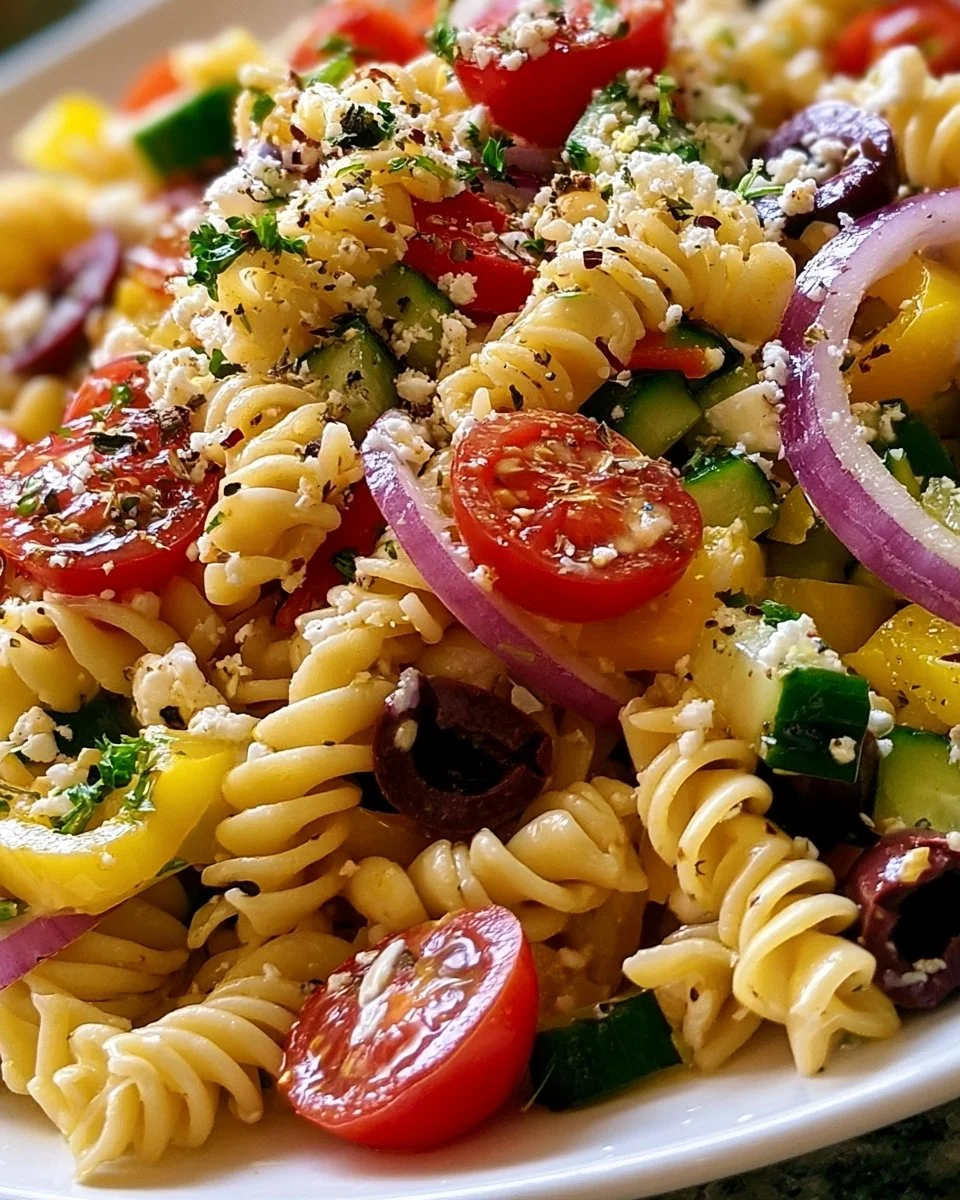 Bowl of Tangy Mediterranean Pasta Salad with colorful veggies and olives