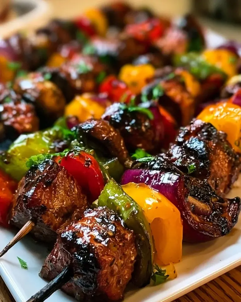 Tender kabobs marinated in acid, grilled on BBQ for a juicy flavor.