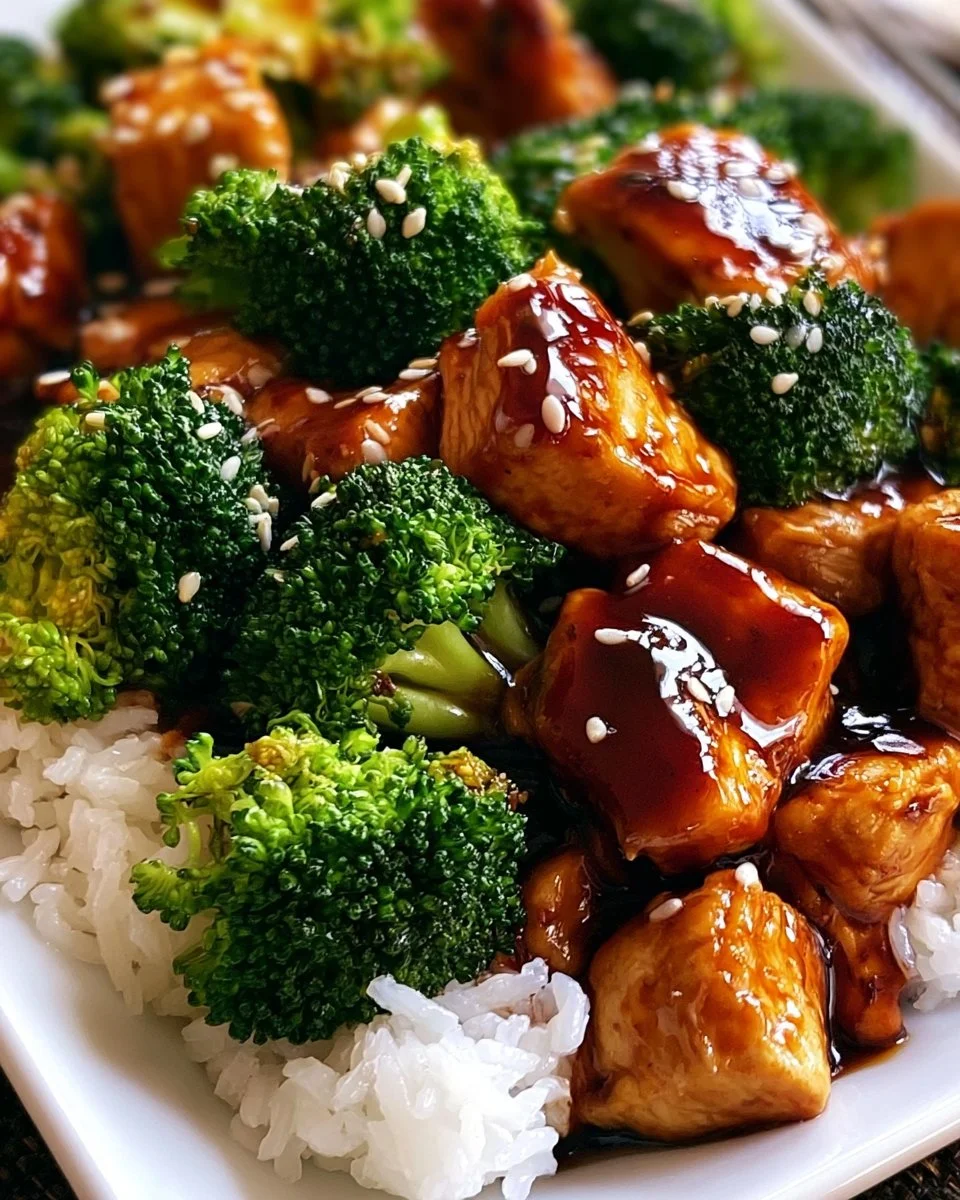 Plate of teriyaki chicken with broccoli served on a wooden table