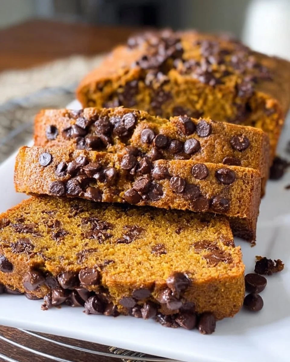 Delicious slice of chocolate chip pumpkin bread on a plate