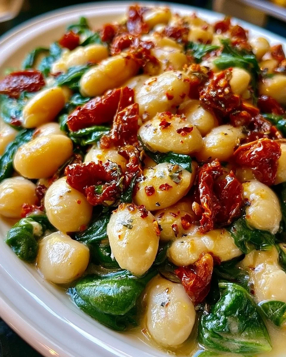 Delicious Tuscan Butter Beans with Spinach and Sun-Dried Tomatoes in a bowl