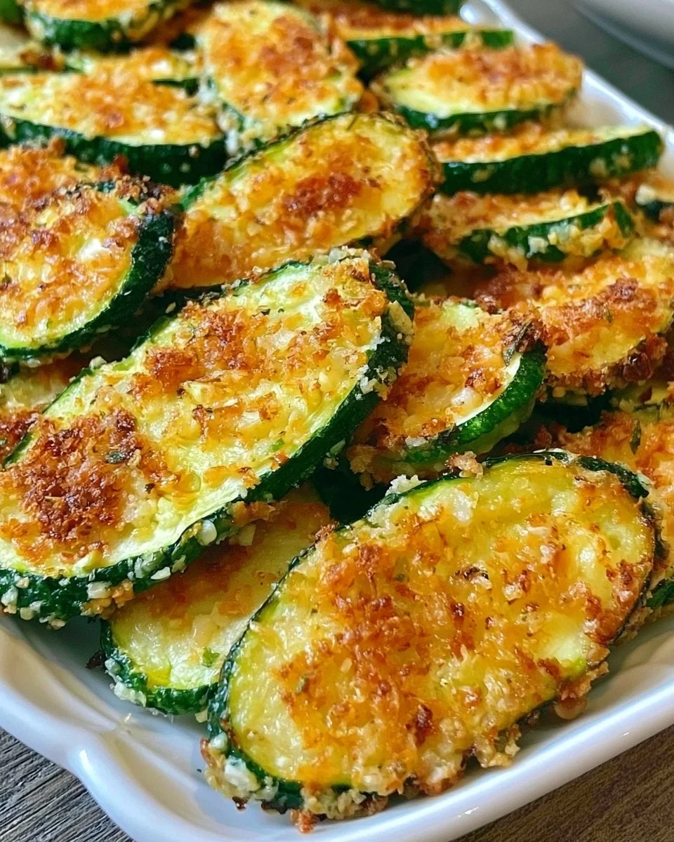 A plate of crispy fried zucchini slices garnished with herbs and spices.
