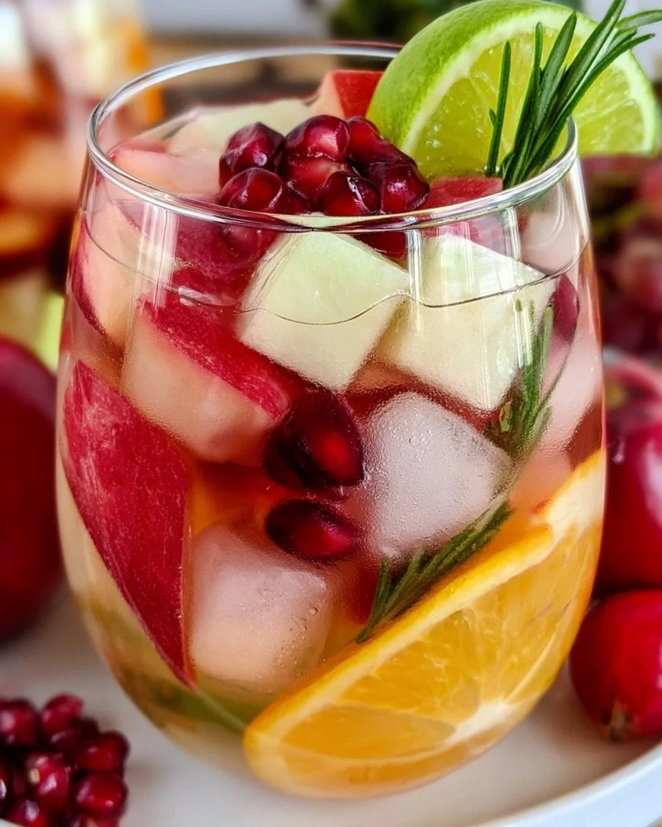 A festive glass of winter sangria with fruits, perfect for holiday gatherings