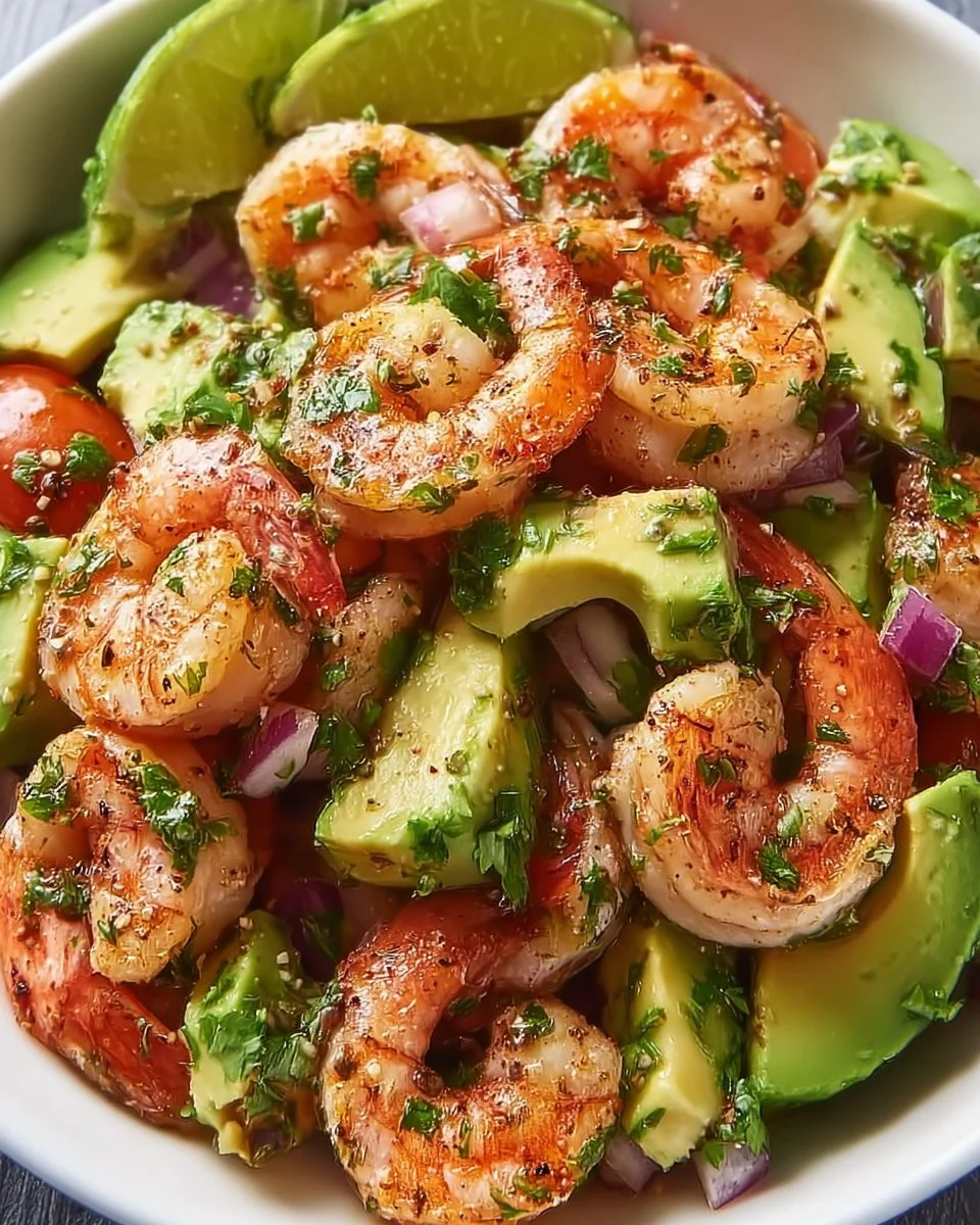 Zesty lime shrimp and avocado salad in a bowl with fresh ingredients