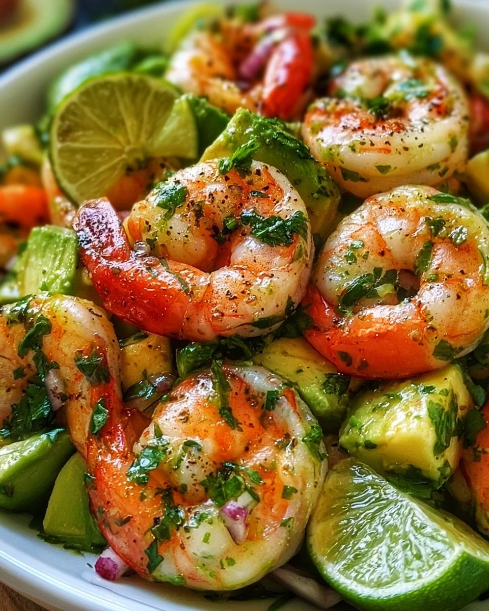 Zesty lime shrimp salad with avocado and fresh ingredients served in a bowl
