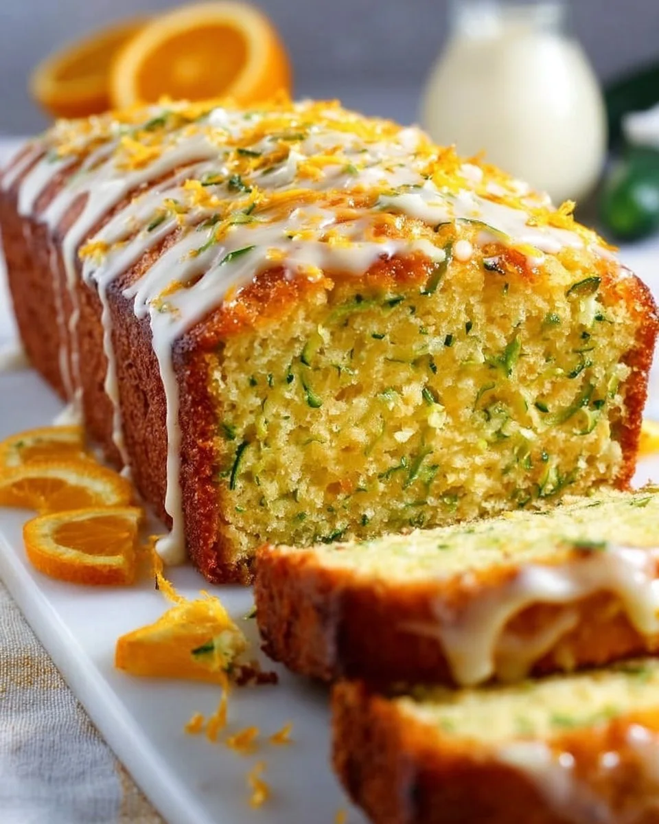 Delicious zucchini orange cake slice topped with orange zest