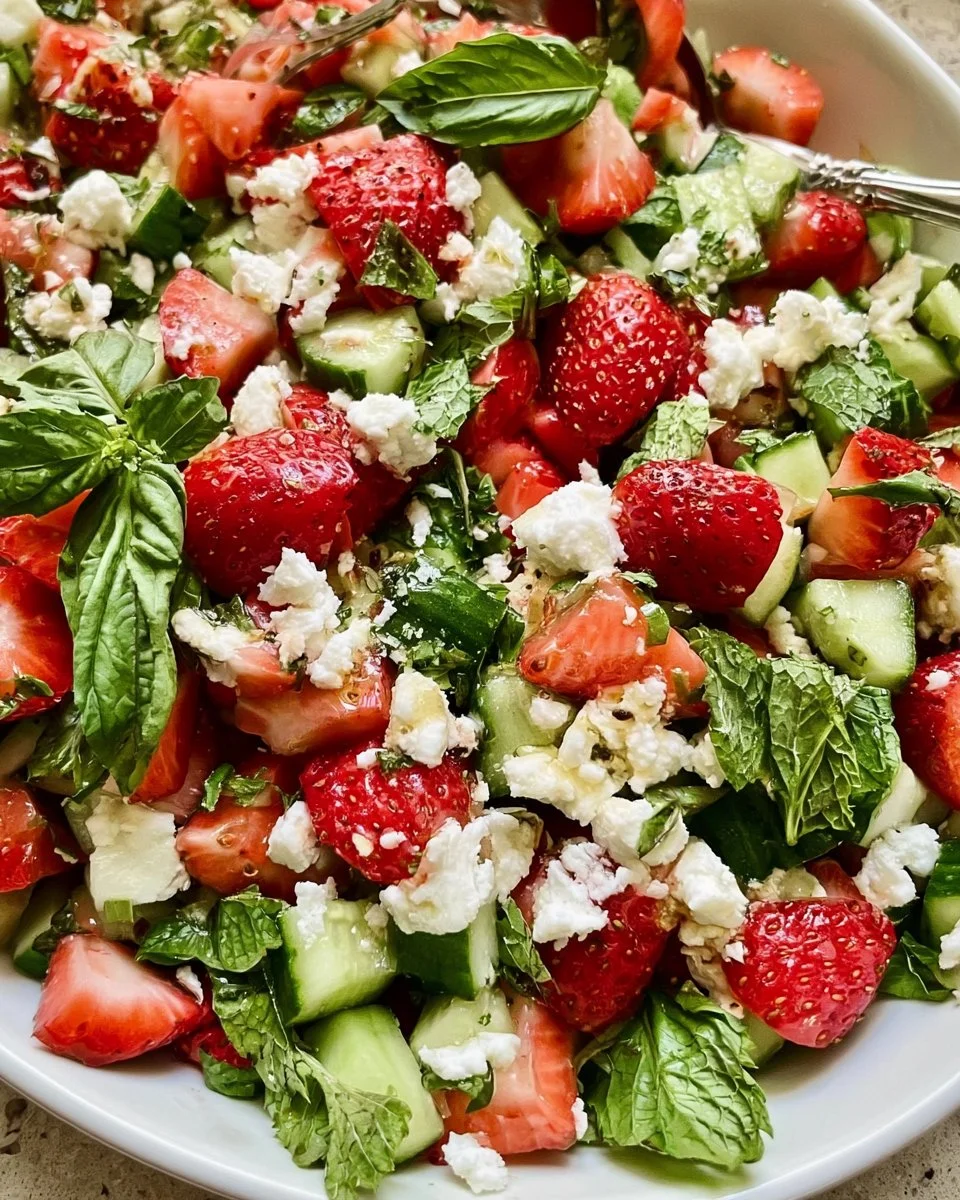 Delicious 20-Minute Strawberry Cucumber Salad with fresh strawberries, cucumbers, and dressing