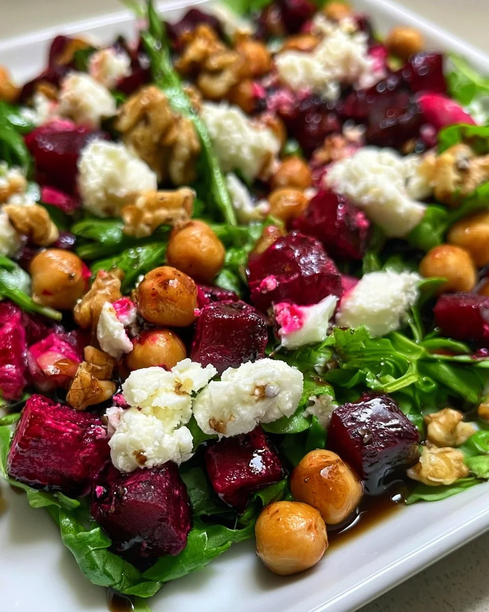 Arugula salad with chickpeas, roasted beets, and balsamic dressing served in a bowl.