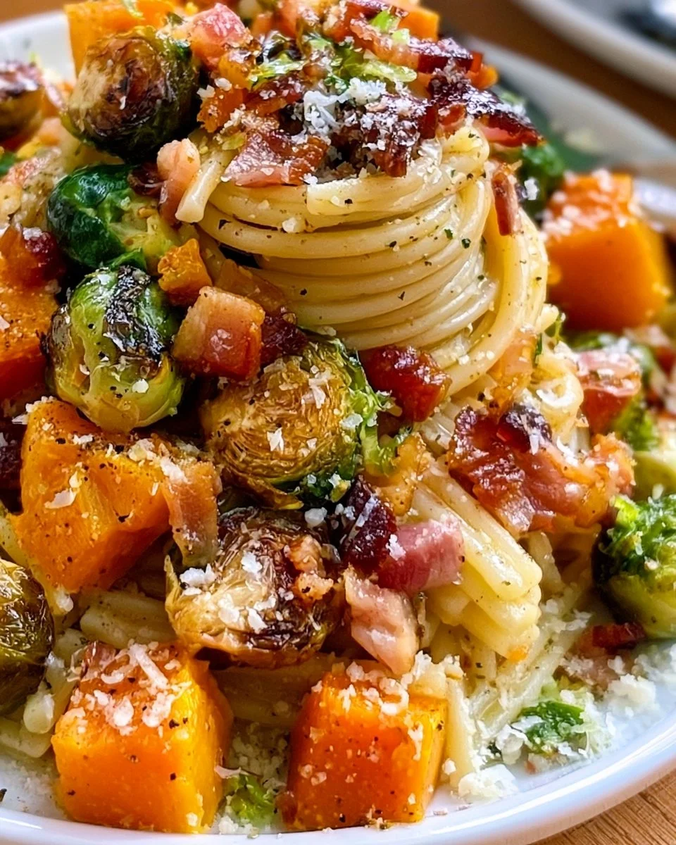Delicious Bacon Pasta with Brussels sprouts and butternut squash topping