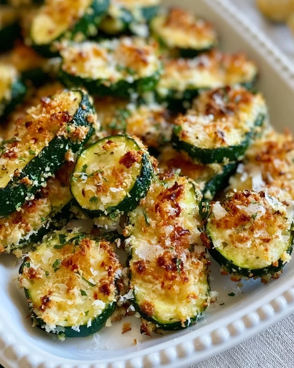Baked Parmesan Zucchini slices topped with melted cheese and herbs