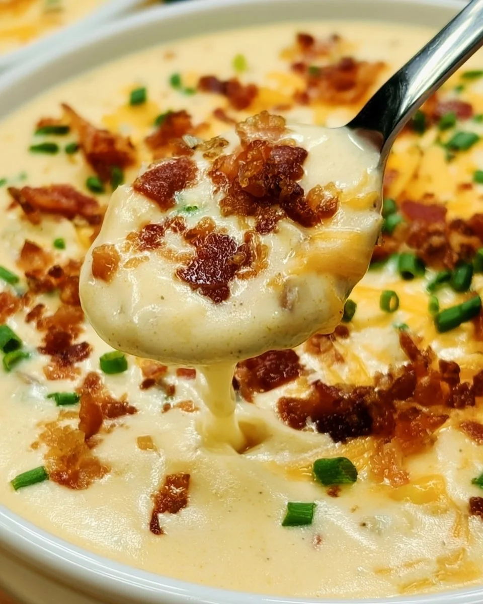 Creamy baked potato soup topped with cheese and bacon in a bowl