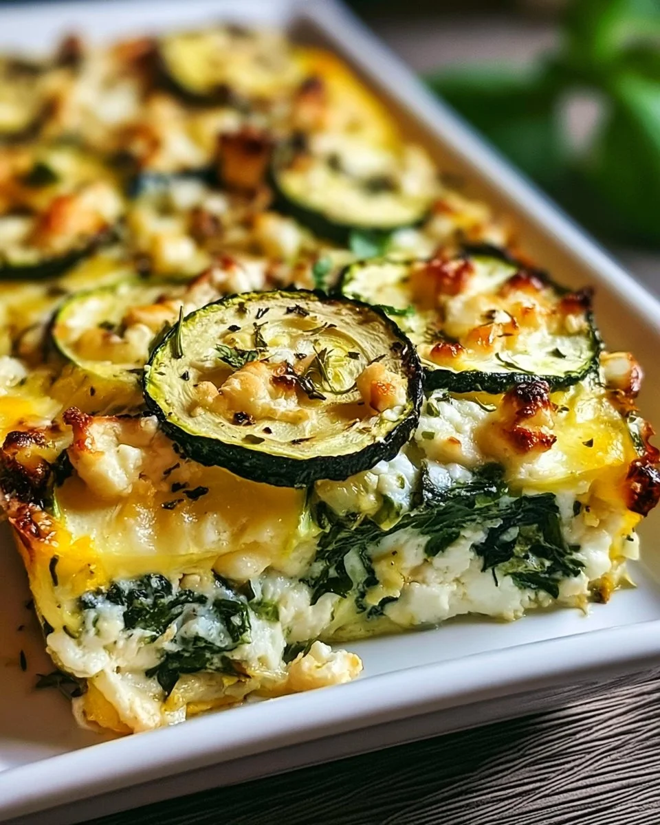 Baked zucchini casserole with spinach and feta in a baking dish