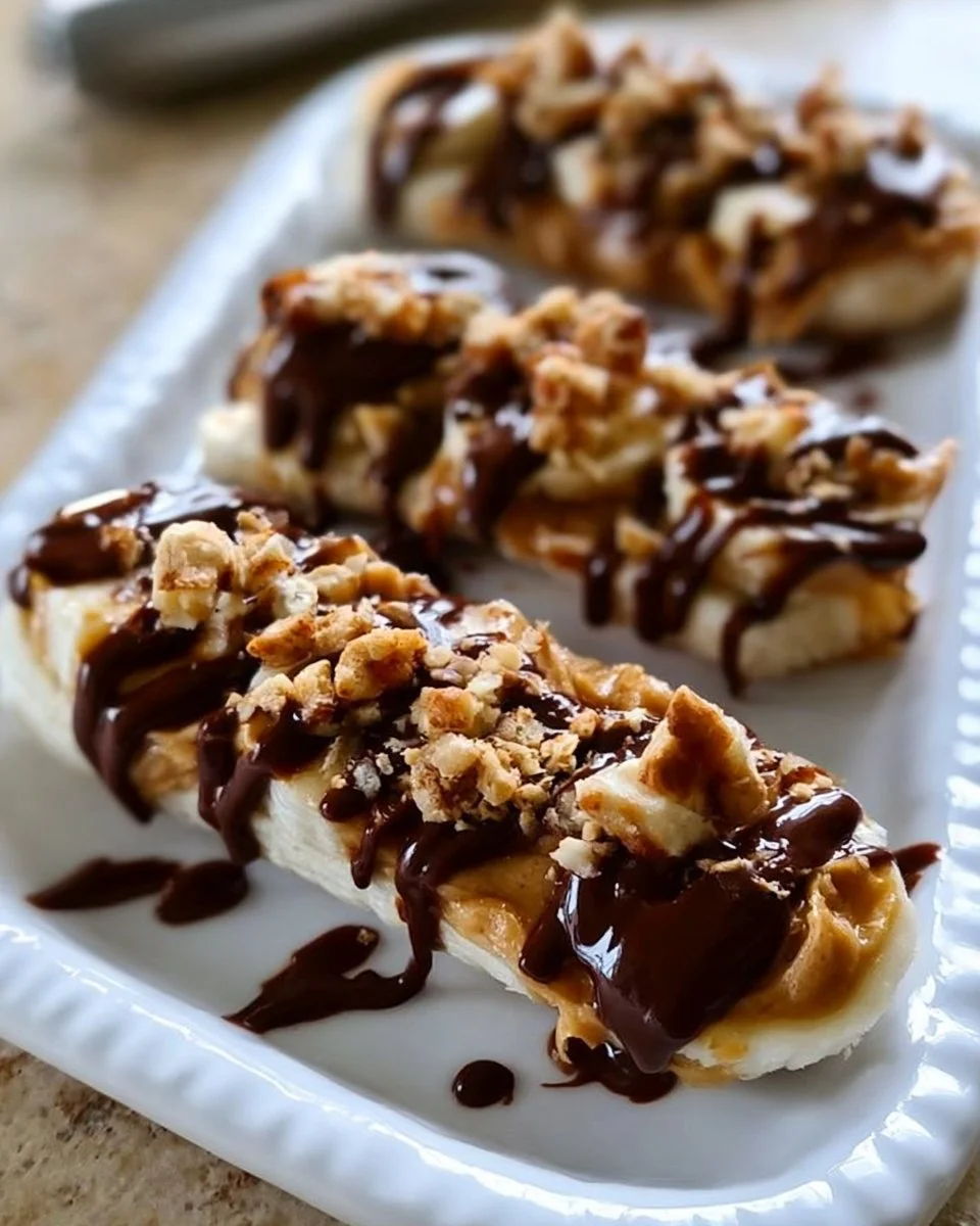 Banana snacks with peanut butter and chocolate, featuring healthy ingredients.