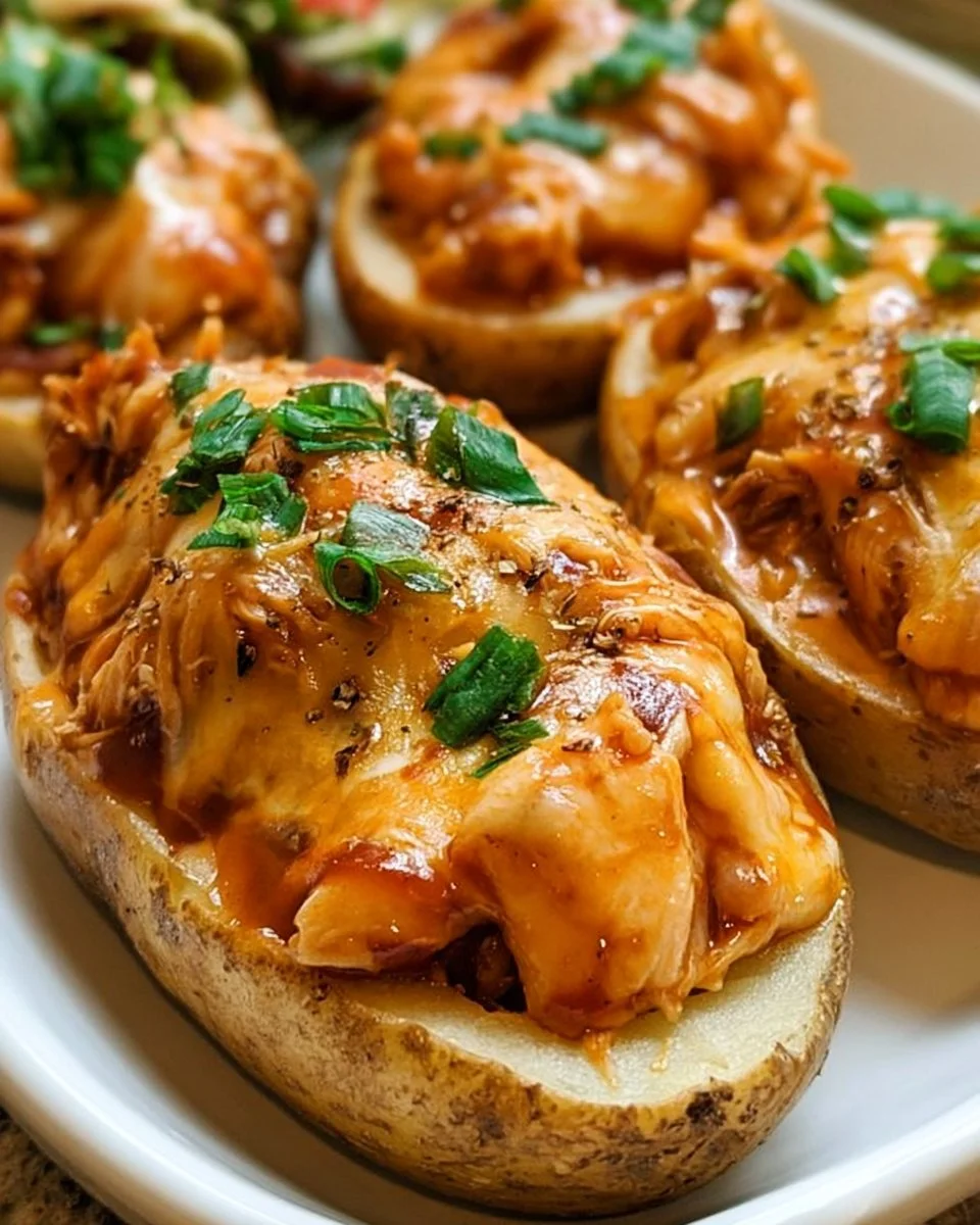 BBQ chicken stuffed potatoes topped with cheese and herbs