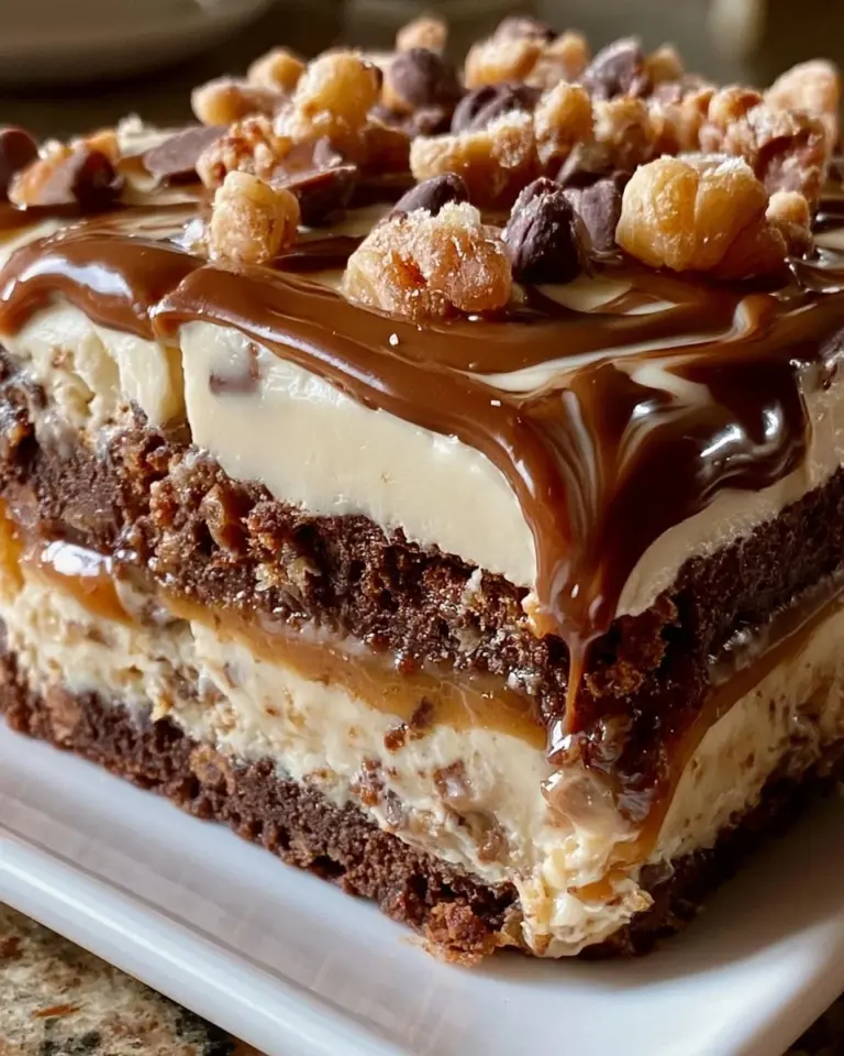 A slice of Better Than Anything Cake topped with whipped cream and chocolate