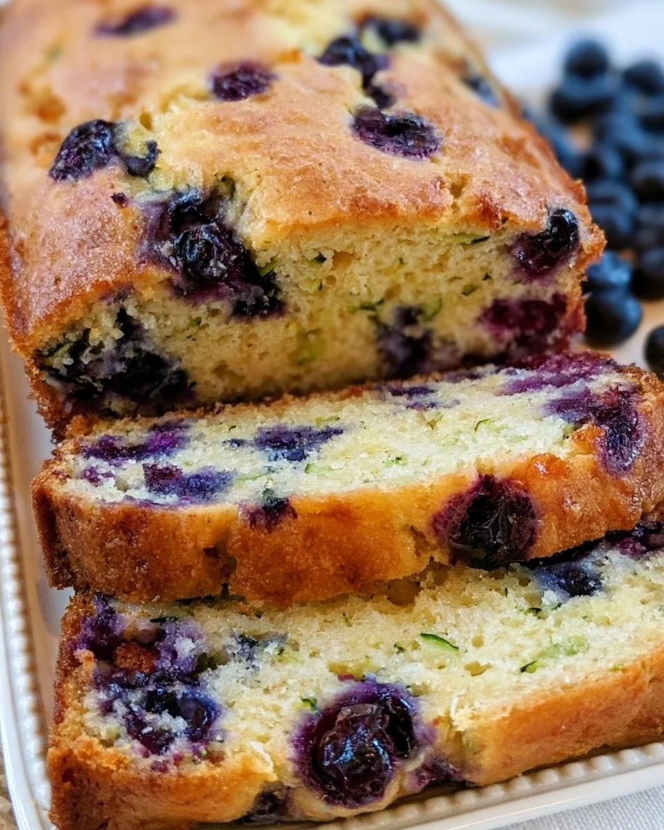 Freshly baked blueberry zucchini bread slices on a wooden table