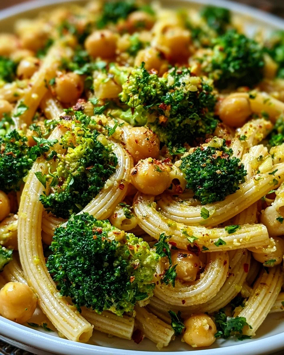 Delicious Broccoli Chickpea Pasta drizzled with garlic olive oil on a plate