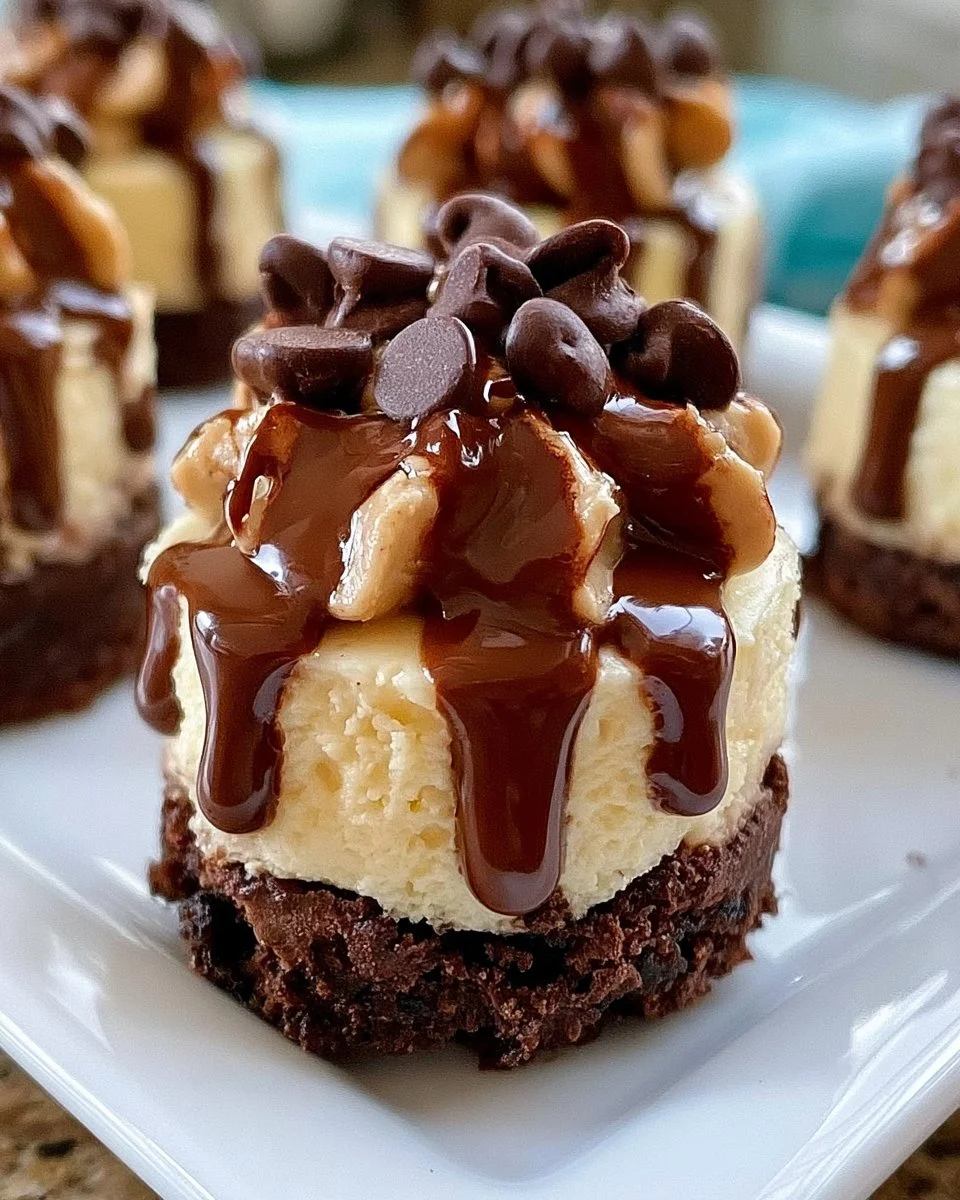 Delicious brownie bottom mini cheesecakes topped with creamy filling