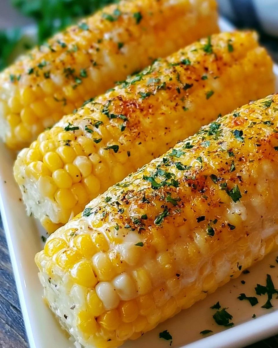 Buttery corn on the cob with cheese and garlic parmesan toppings ready to serve.