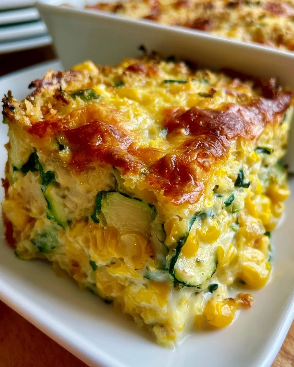 Cheesy Zucchini Corn Casserole served in a dish