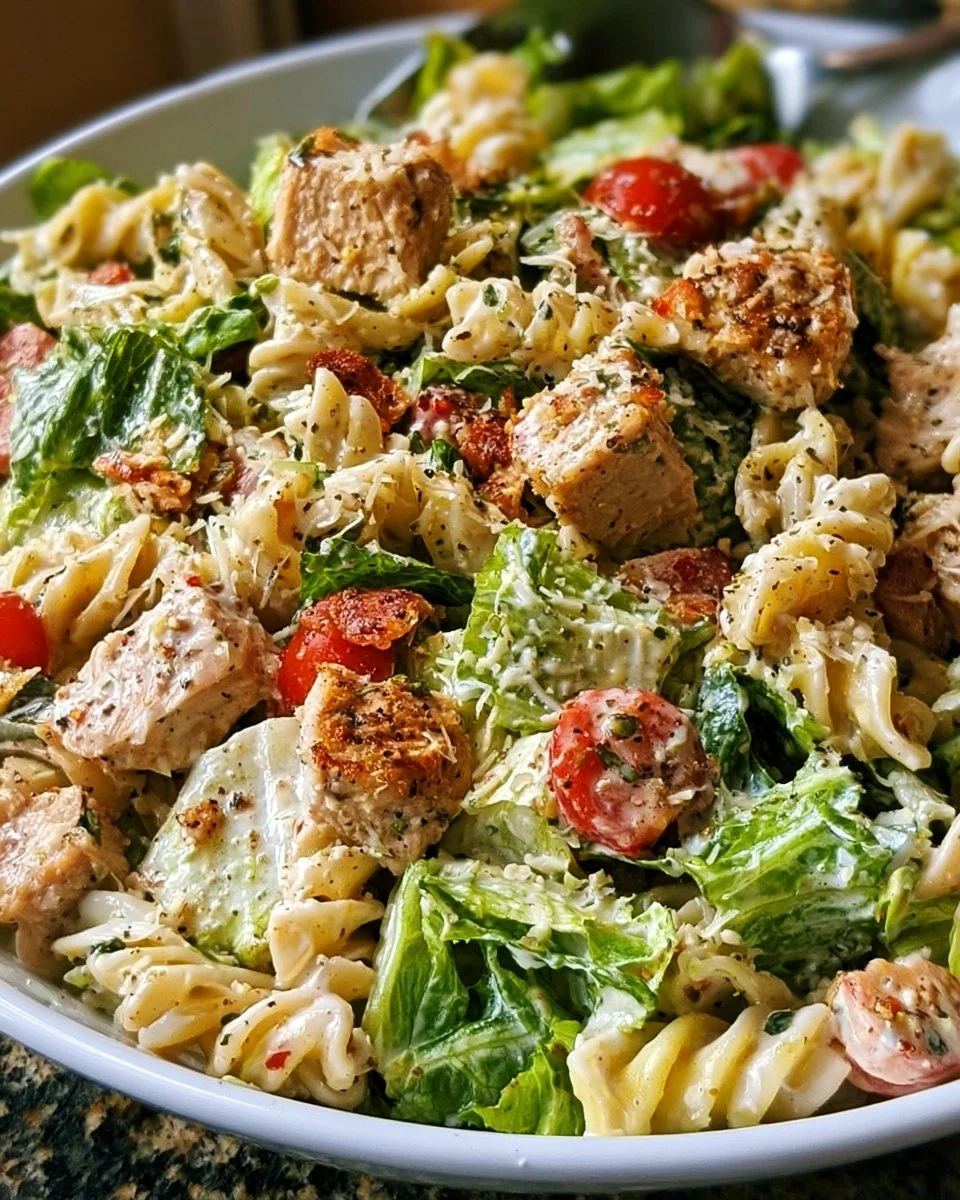 Delicious Chicken Caesar Pasta Salad with chicken, pasta, and Caesar dressing