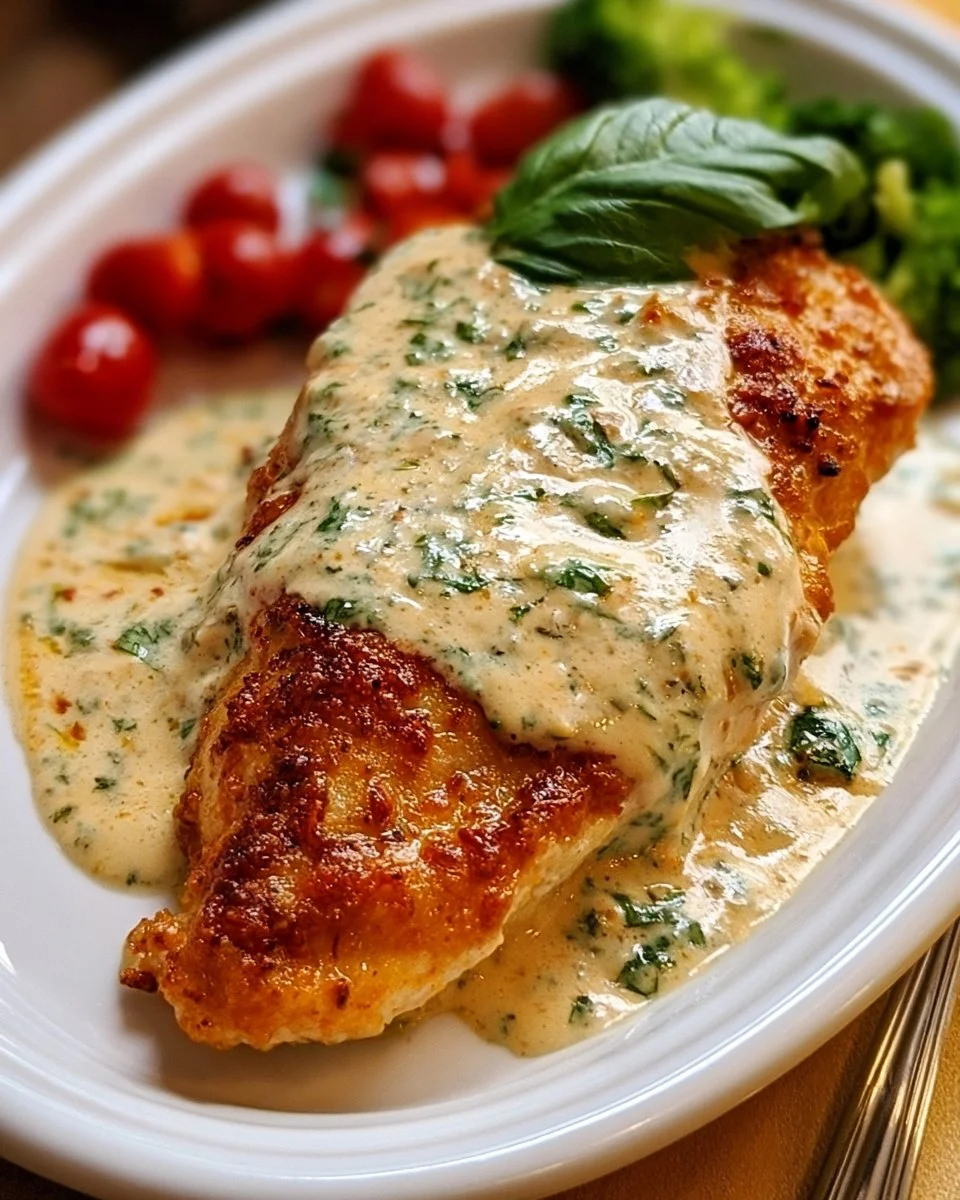 Plate of chicken in basil cream sauce garnished with fresh basil leaves