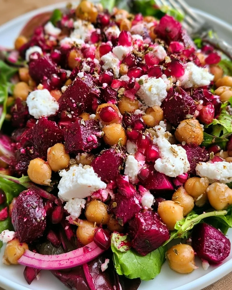 Chickpea Beet Salad with feta cheese, fresh vegetables, and vibrant colors.