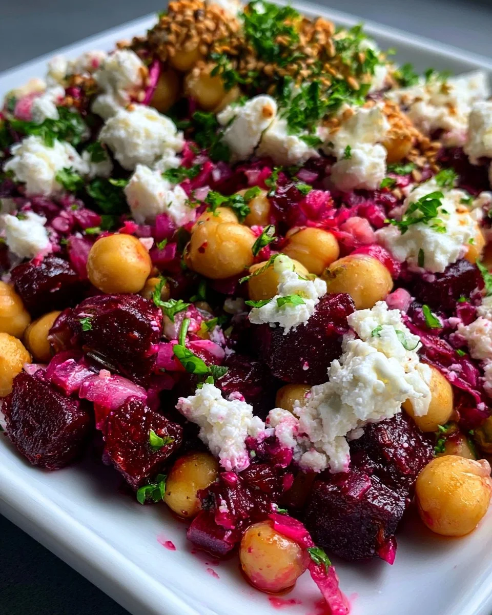 Chickpea Beet Feta Salad with fresh ingredients and vibrant colors.