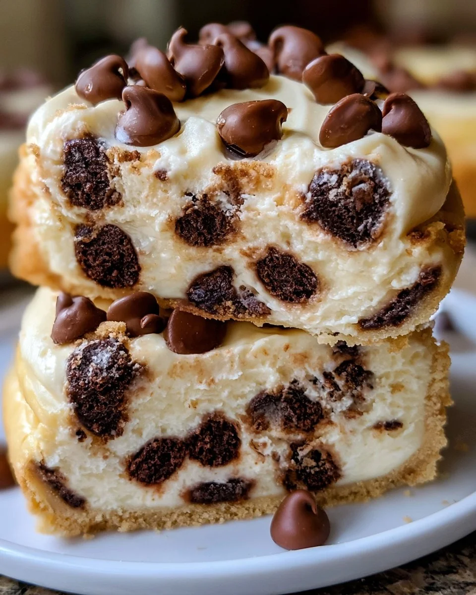 Delicious chocolate chip cheesecake slice topped with chocolate chips