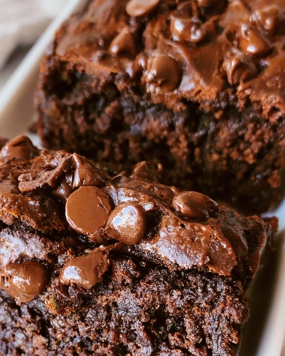 Deliciously moist chocolate zucchini bread with chunks of chocolate.