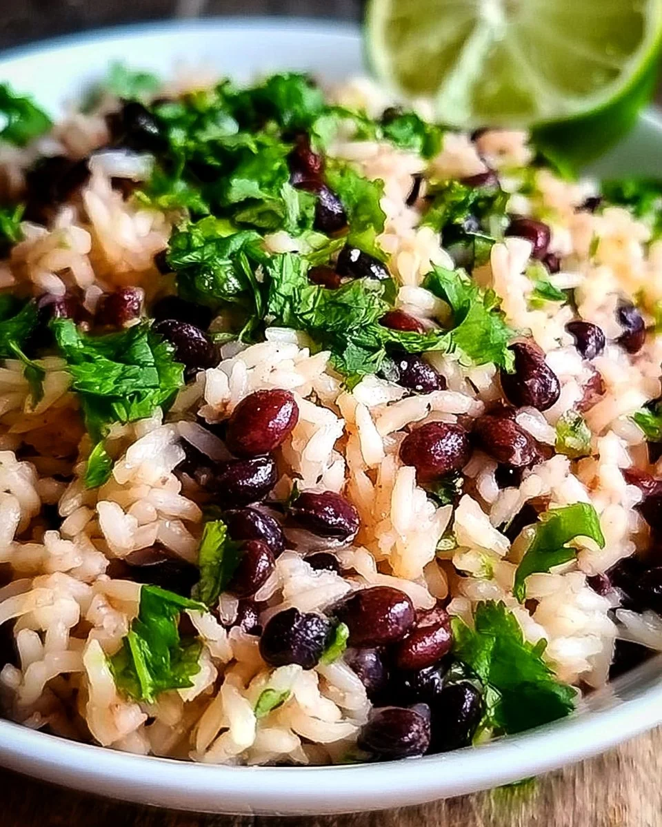 Bowl of cilantro lime rice served with black beans and fresh garnishes