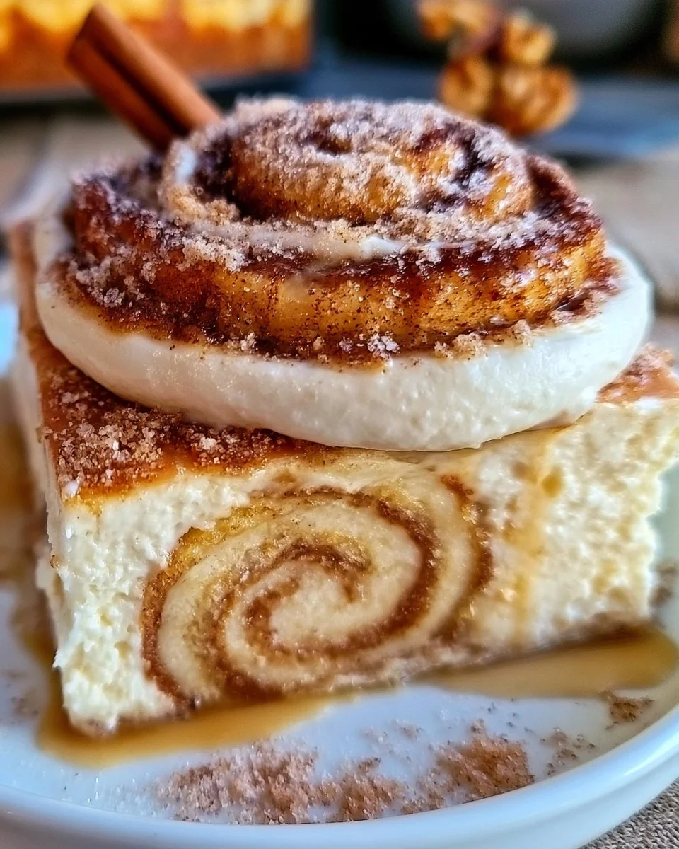 Slice of Cinnamon Roll Honeybun Cheesecake topped with cinnamon and icing