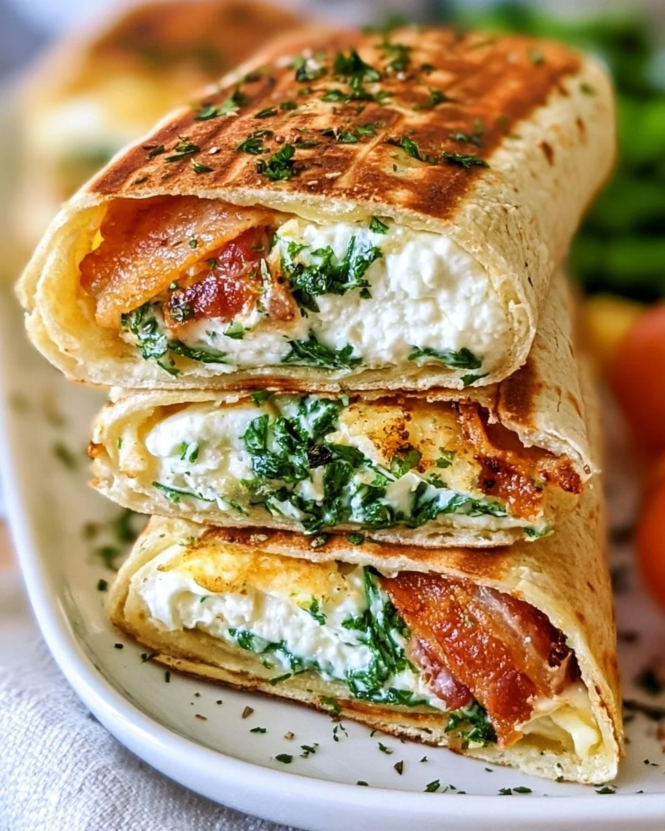 Healthy cottage cheese wraps filled with fresh vegetables and herbs