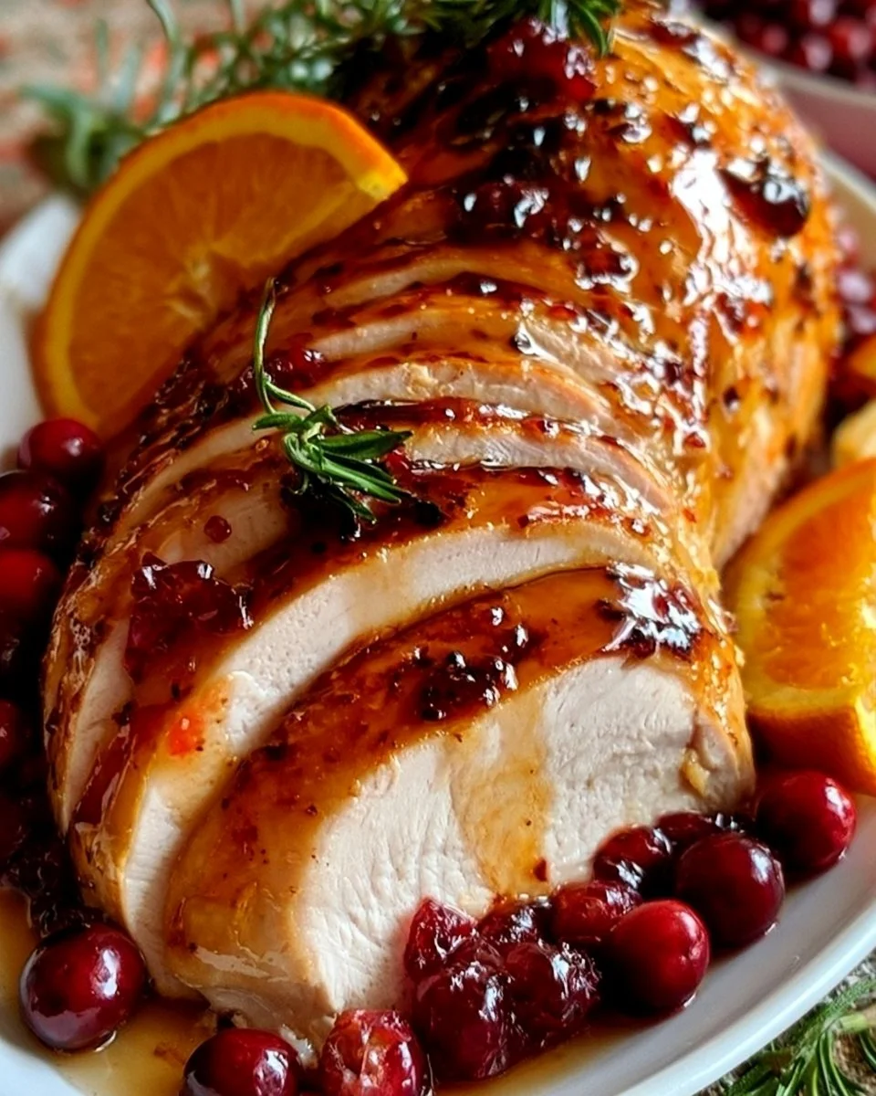Cranberry Orange Glazed Turkey Breast served on a festive platter