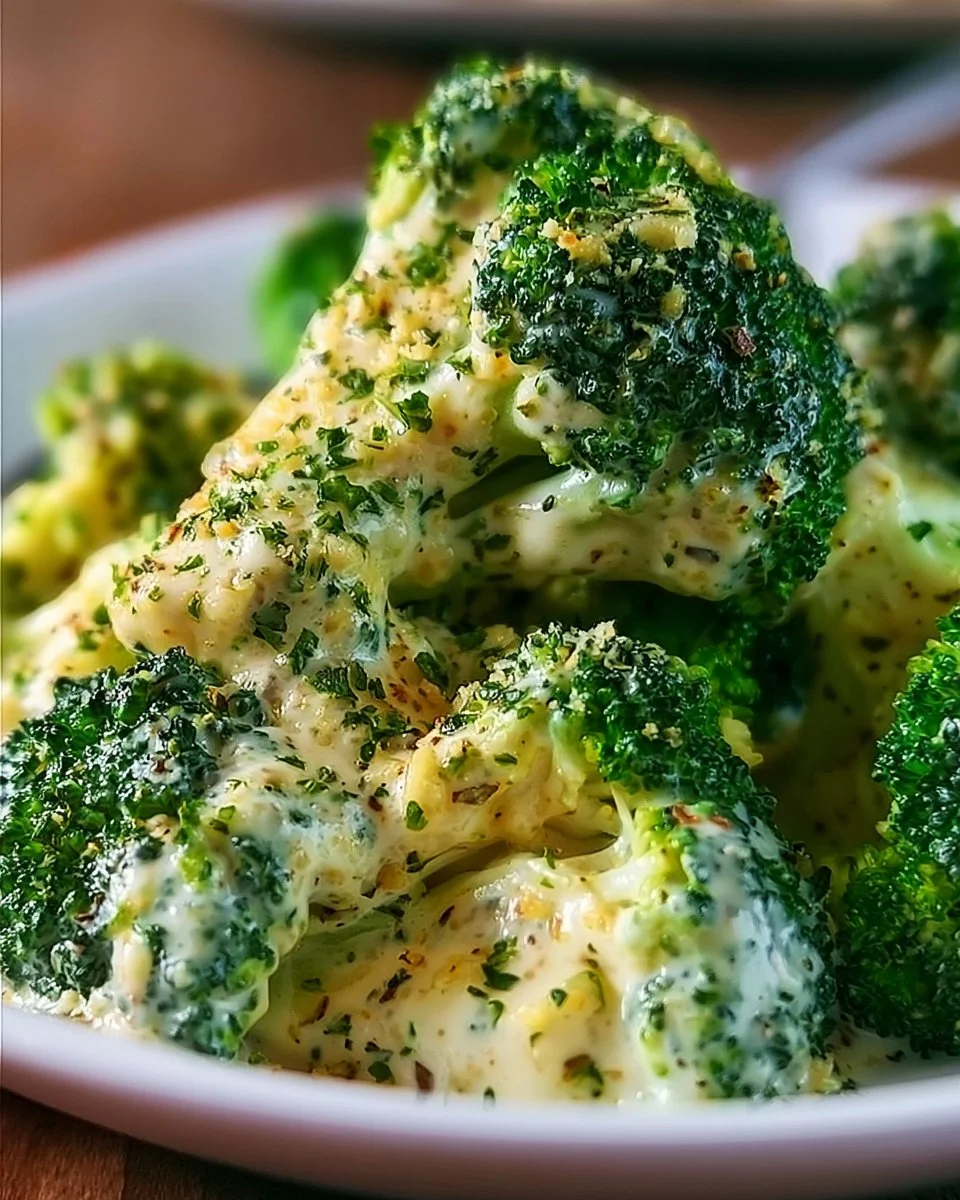 Creamy garlic parmesan broccoli served in a bowl, garnished with parmesan cheese.