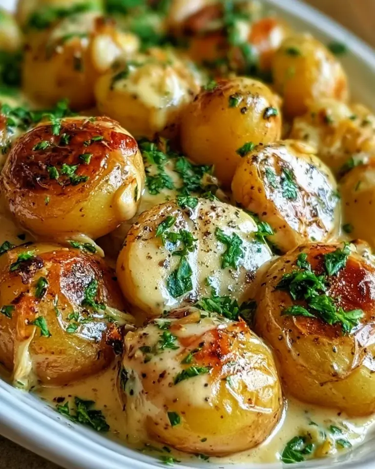 Creamy garlic sauce baby potatoes plated elegantly with herbs.