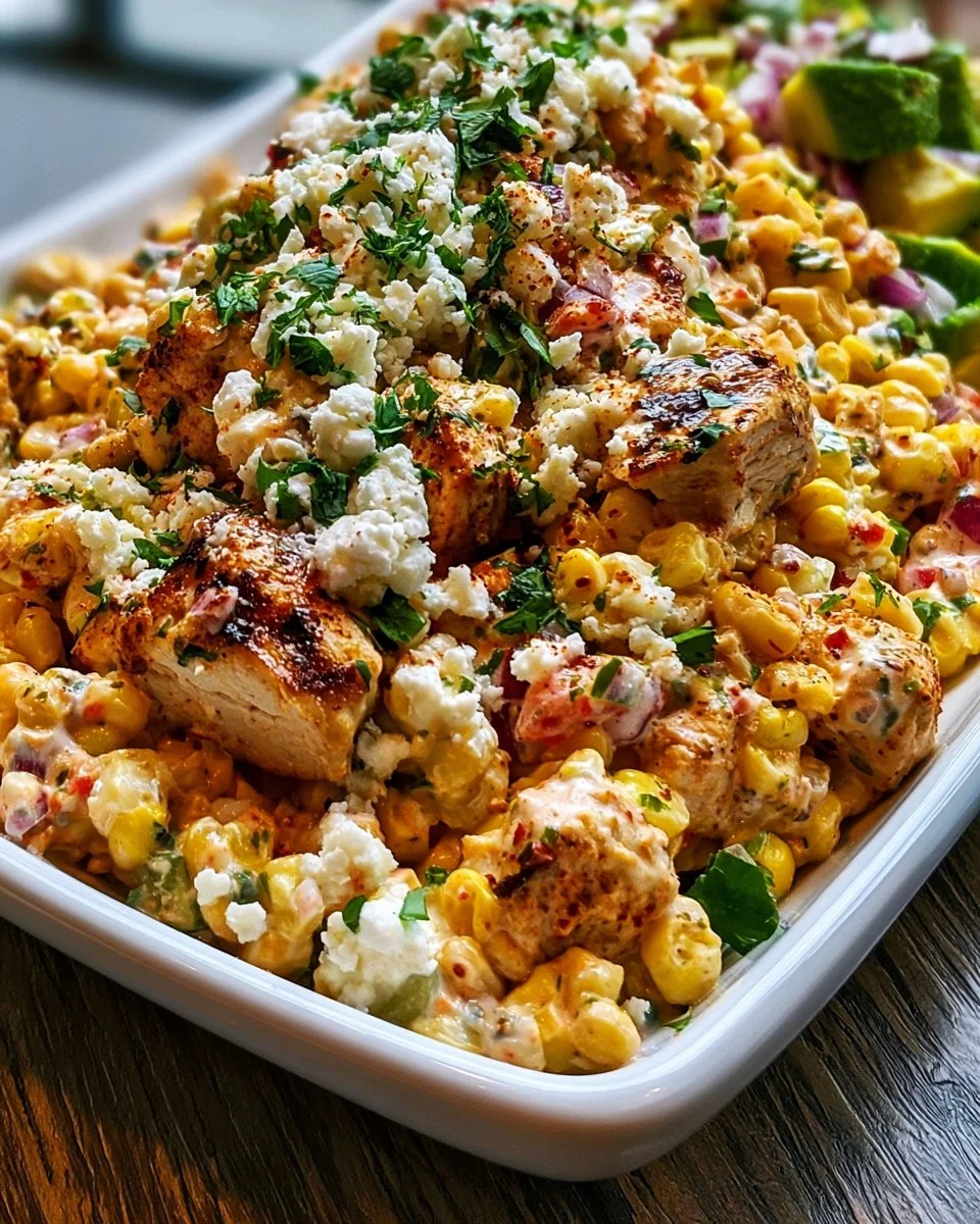 Creamy high protein chicken salad with street corn served in a bowl