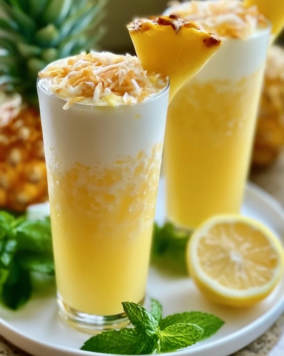 Refreshing creamy pineapple soda in a glass with ice and tropical decorations