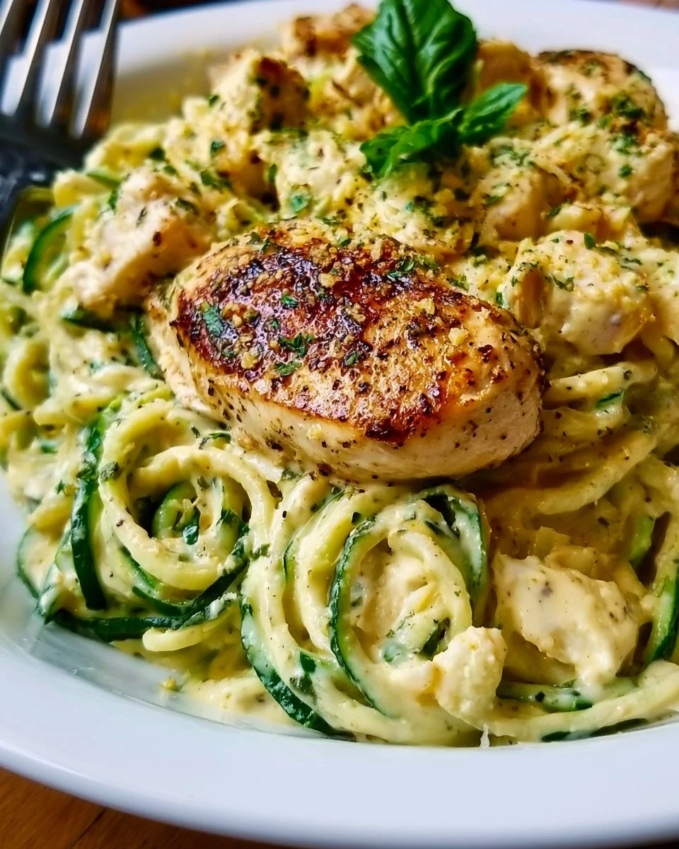 Creamy zucchini noodle alfredo with chicken served in a bowl