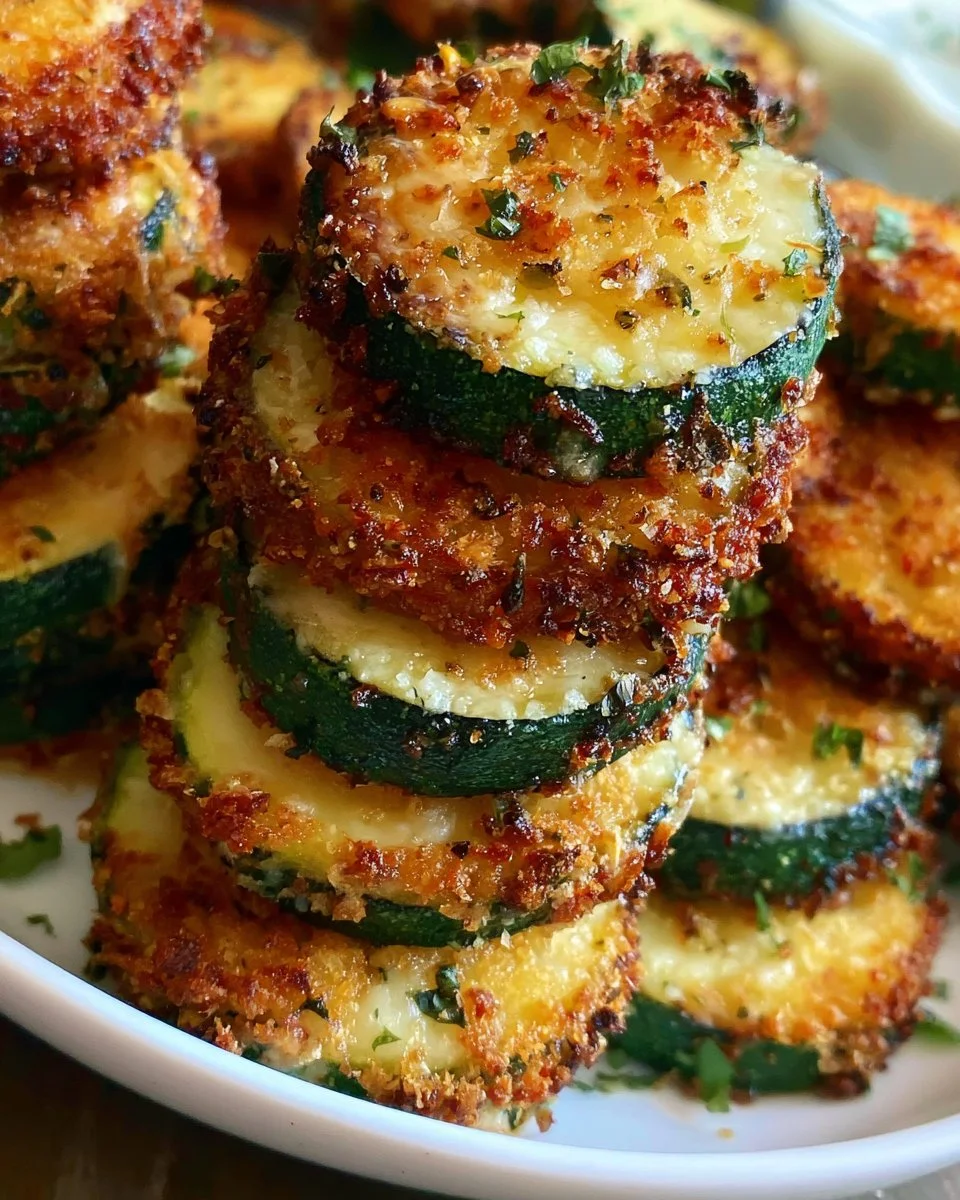 Plate of crispy Parmesan Zucchini Bites garnished with herbs