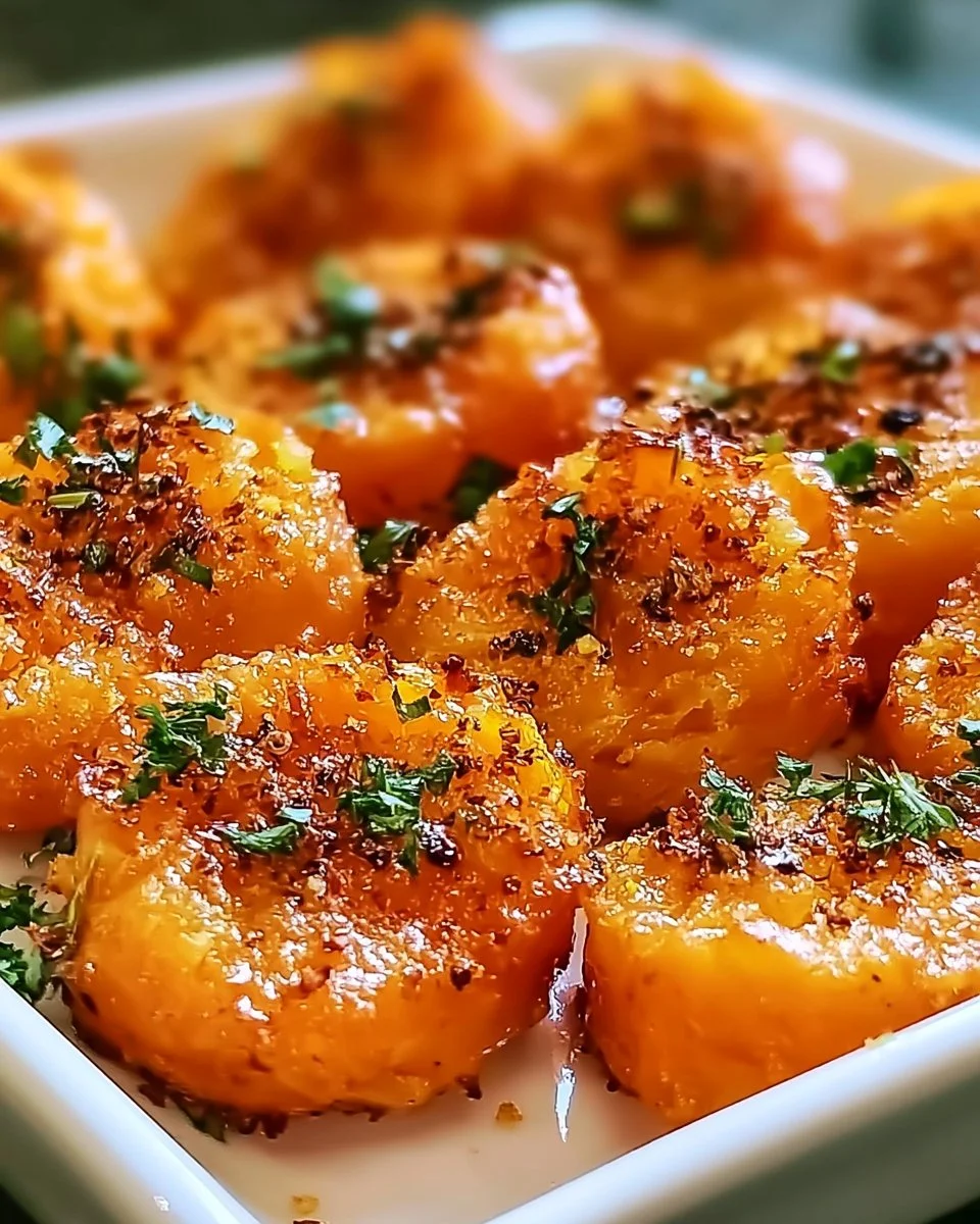 Crispy smashed carrots bites served on a plate as a tasty snack.