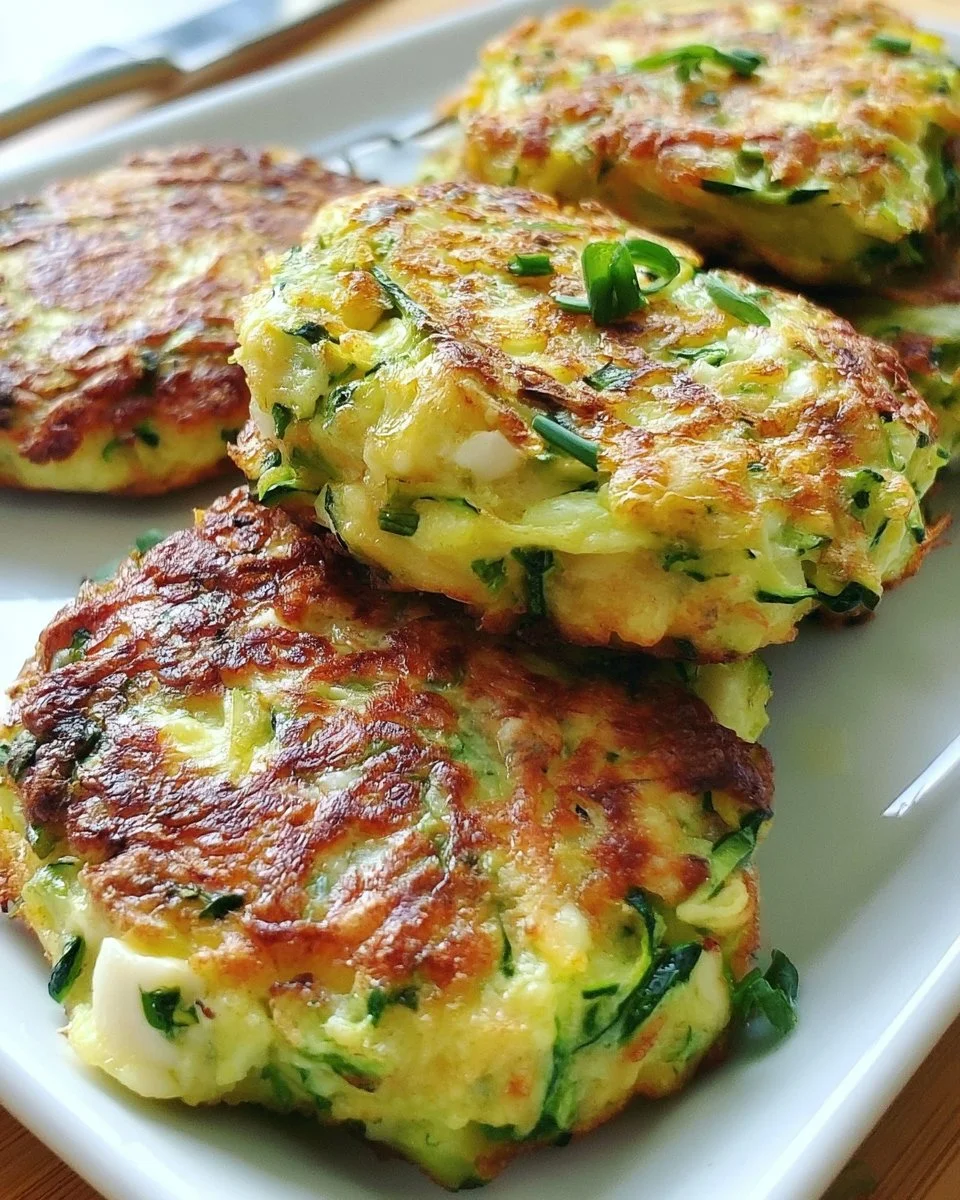 Crispy zucchini fritters arranged on a plate, served with dipping sauce.