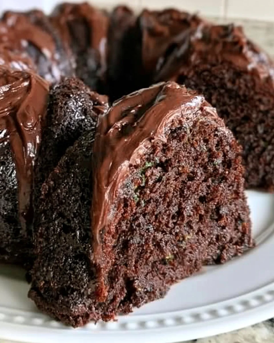Decadent chocolate zucchini cake topped with chocolate frosting and garnished.