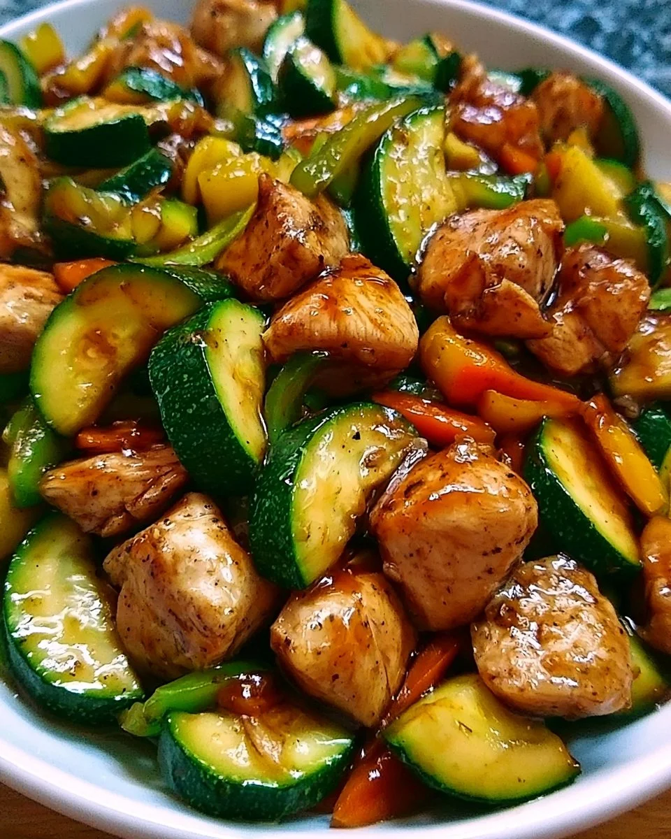 Easy chicken zucchini stir fry dish served in a bowl with colorful vegetables