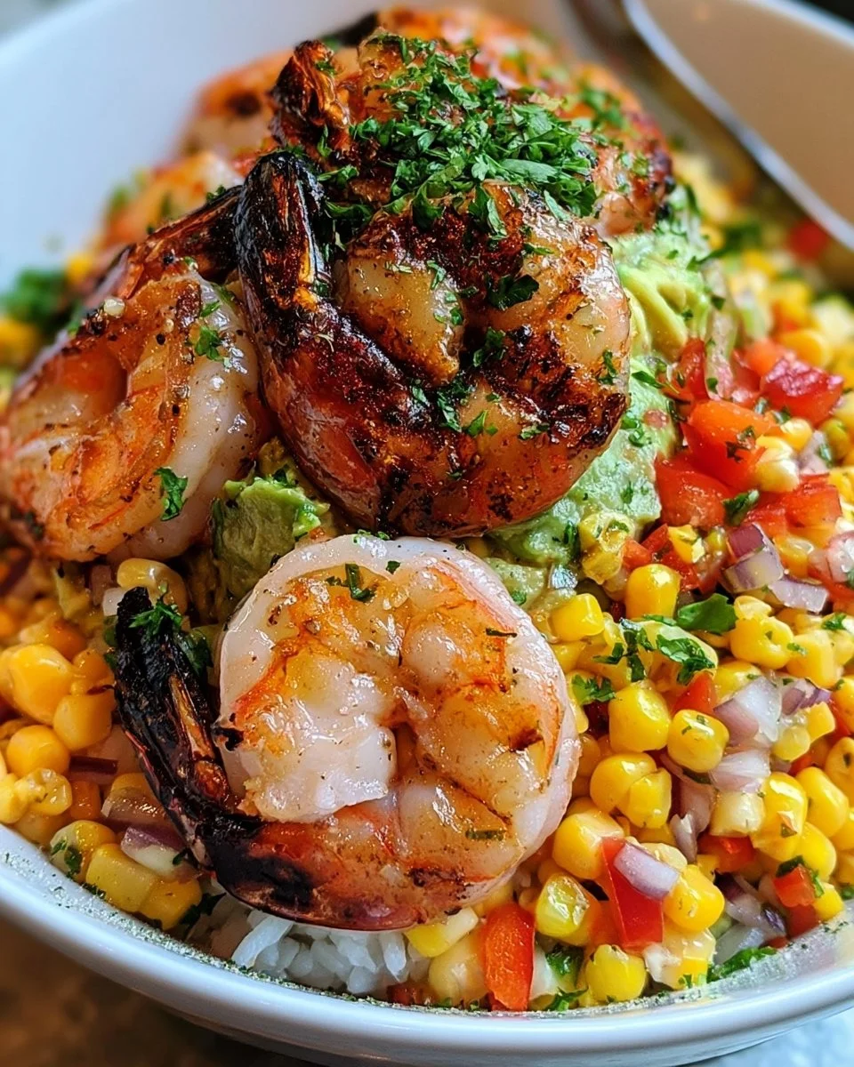 Easy grilled shrimp bowl with avocado and corn salsa garnished on top